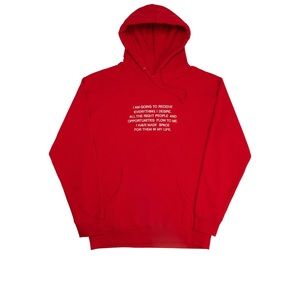 We’re Not Really Strangers Affirmations Hoodie in red